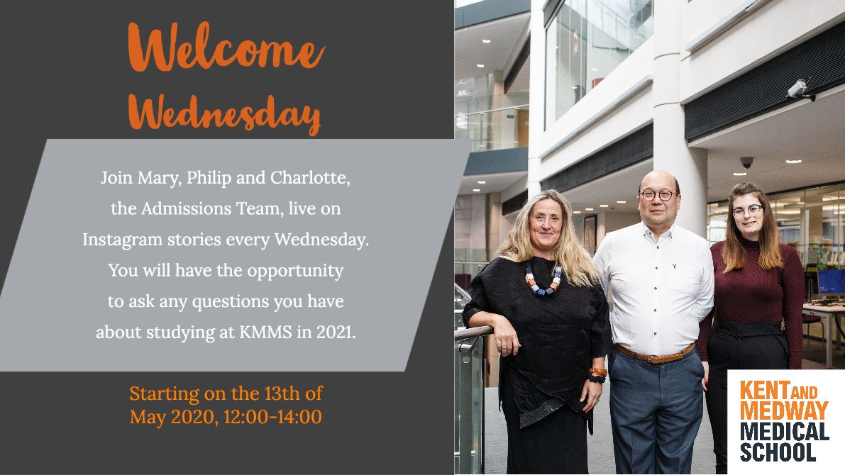Welcome Wednesday invitation showing the Admissions Team Mary, Philip and Charlotte (left to right)